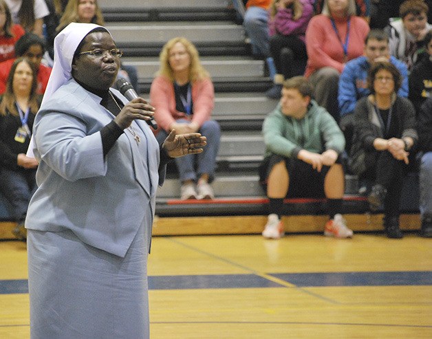 Sister Rosemary Nyirumbe shared her story of helping women and their children in Uganda with students at Tahoma Junior High on Monday.