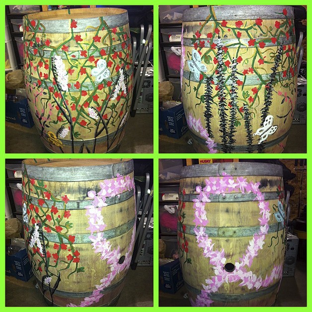 Decorated wine barrel from all angles that was auctioned off at a Valley Girls & Guys! fundraiser Thursday at DaVine.