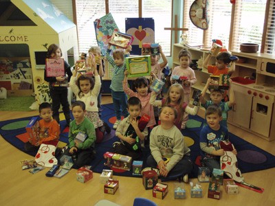 The Peace Lutheran preschool completed a stocking stuffer drive for the Storehouse in Covington. Pictured are front row Brian Nguyen
