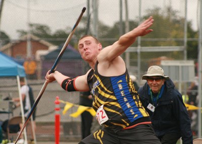 Tahoma senior Derek Eager wins his second 4A state title in the javelin with a throw of 207-10.