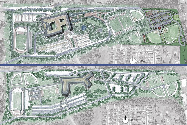 Concept designs for the new Tahoma High School show a compact approach (above) and an open concept design approach (below).
