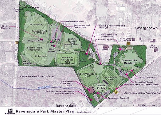 This rendering shows the proposed plans for Ravensdale Park including six ballfields. Ravensdale Park Foundation is planning to continue construction in 2014.