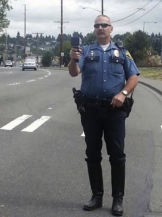 Marty Leverton on the job for the Renton Police Department. The Covington resident is fighting bone cancer and his family has embraced Relay for Life.