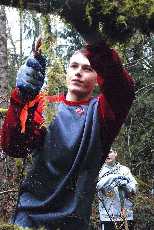 Tahoma sophomore Dan Nist saws a branch as part of the Outdoor Academy’s work party March 7 at Cedar Creek Park to clear trails on the 115-acre property.