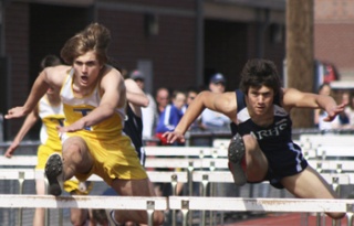 Nick Castagna from Tahoma ran a very close second to the Ravens Andrey Zadneprovskiy from Riverside in the 110 high hurdles Thrusday at Auburn Riverside.