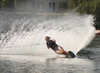 Jacqueline Stocks shows how water skiing is really done during the waterskiing and wakeboard event on Lake Sawyer today.