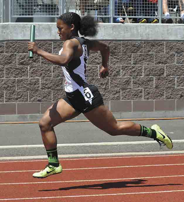 Zaria Jones finished the last leg of the girls 400 meter relay for Kentwood at the track and field state championship meet at Mount Tahoma High School May 29-31. The Conquerors 400 meter relay team brought home third place in the event.