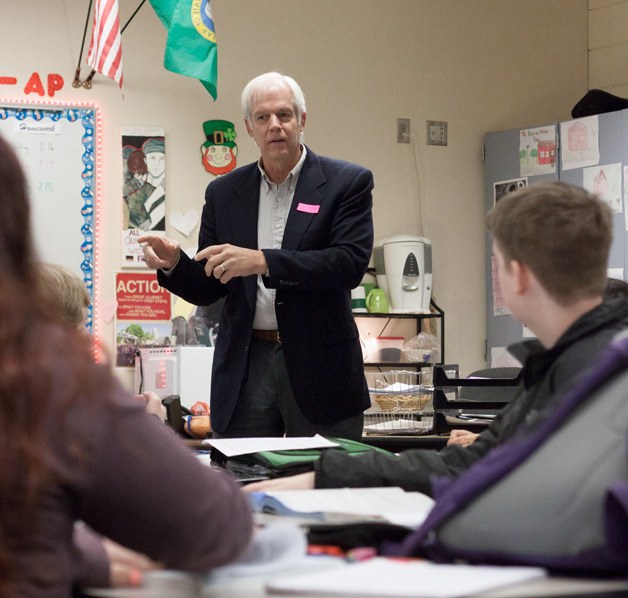 State Rep. Mark Hargrove speaks to a pre-AP class of sophomores at Tahoma High School on Dec. 12 about his job as a legislator in Olympia.