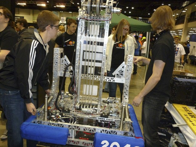 Tahoma robotics member prepare the robot for the regional competition matches. BEAR Metal's alliance ultimately won.