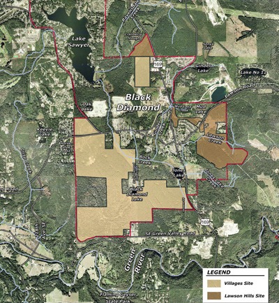 Map of Black Diamond showing The Villages and Lawson Hills sites.