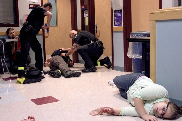 Student actors dressed in makeup to simulate trauma were laying in the halls of the school during the drill.