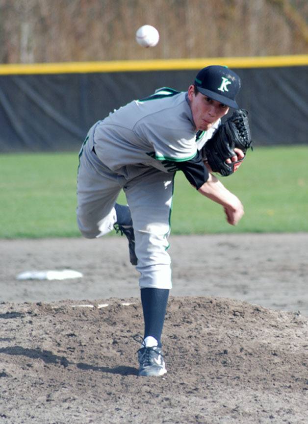 Kentwood's Skyler Genger hurls a pitch at a Kentlake batter in a game the Conquerors won 12-0. Genger pitched a complete game in which he gave up just three hits to the Falcons.
