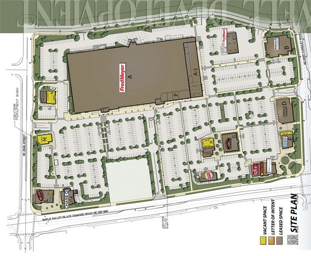 An overhead site plan for Maple Valley Town Square at Four Corners shows many of the tenants that have signed leases with the property owner.