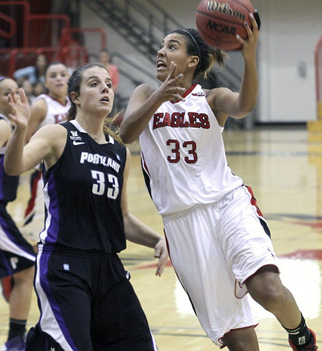 Morganne Comstock leans in for the shot over a defender from Portland State in a game for Eastern Washington. Comstock will transfer to Hawaii Pacific University.