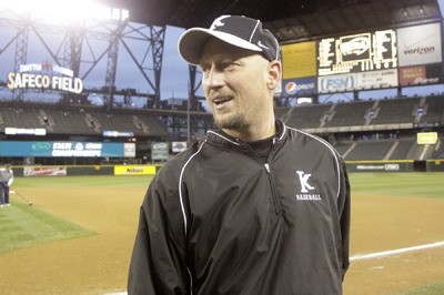 Kentwood baseball coach Jon Aarstad stands on the field before the 4A state championship game at Safeco Field on May 29.