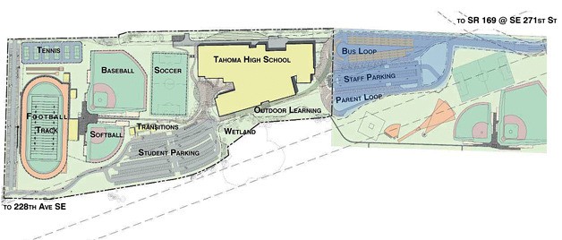 The blue shaded area east of the main building is the approximate location of the 7.7 acres the city is looking at selling to the school district within two weeks.