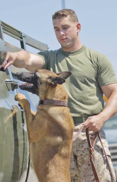 Marine Cpl. Eric Flynn learns dog training at Lackland Air Force Base.