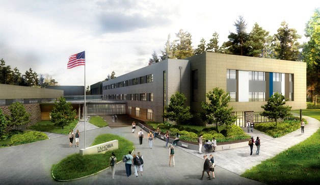 Digital rendering of the student west entrance of the new Tahoma High School and Regional Learning Center.