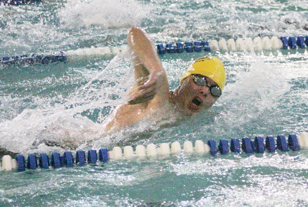 Tahoma’s Cooper Mattern swims the 200-yard freestyle Saturday at Rogers High School in the 4A South Puget Sound League Boys Swim and Dive Championship.