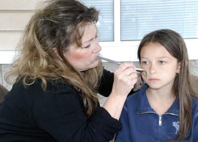 Karen Haines paints on the cheek of a young patron during the opening day of the Maple Valley Farmers Market in 2010.