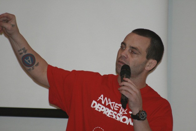 Jens Pulver discusses his fighting career and childhood to Tahoma Junior High students Dec.  6. A 1993 Tahoma graduate