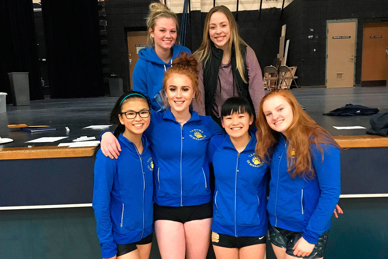 The following athletes are the Tahoma students that qualified for state.                                Left to right: Elsie Rochleau, Hayley Rayburn, Emma Rochleau, Mira Kaufman and coaches left to right: Randi Schorzman, Erica Bonthuis. Submitted Photo