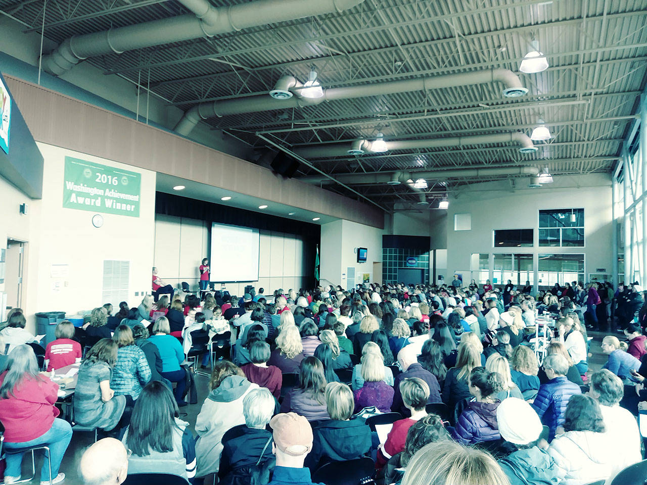 Hundreds of people gathered at a Moms Demand Action meeting for gun control at Kirkland Middle School on Feb. 25. Aaron Kunkler/Redmond Reporter