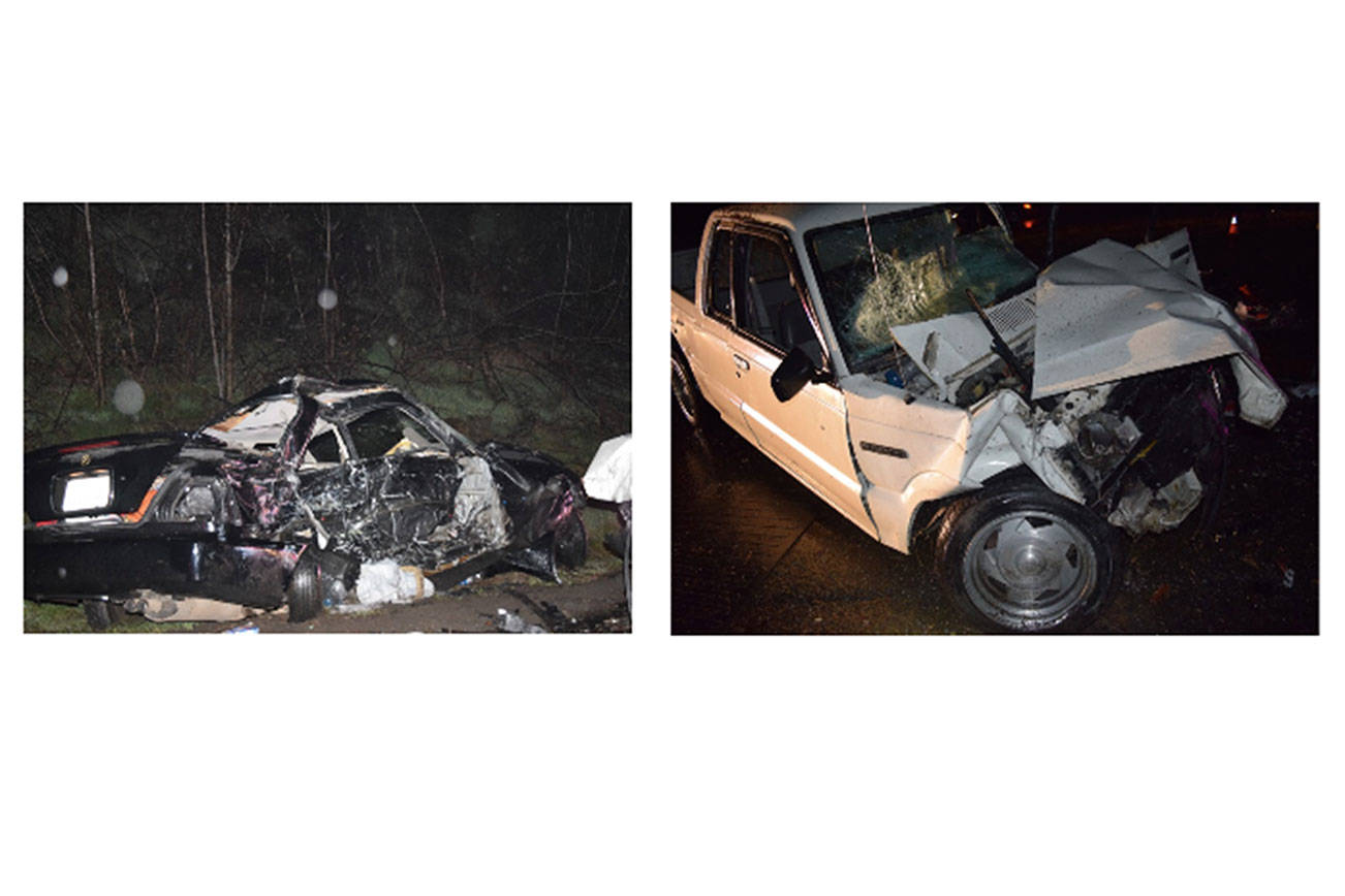 The black 1998 Acura, left, crossed the center median on Highway 18 late Wednesday and was hit by the pickup. WSP is looking for anyone who may have information on the collision. Courtesy photo