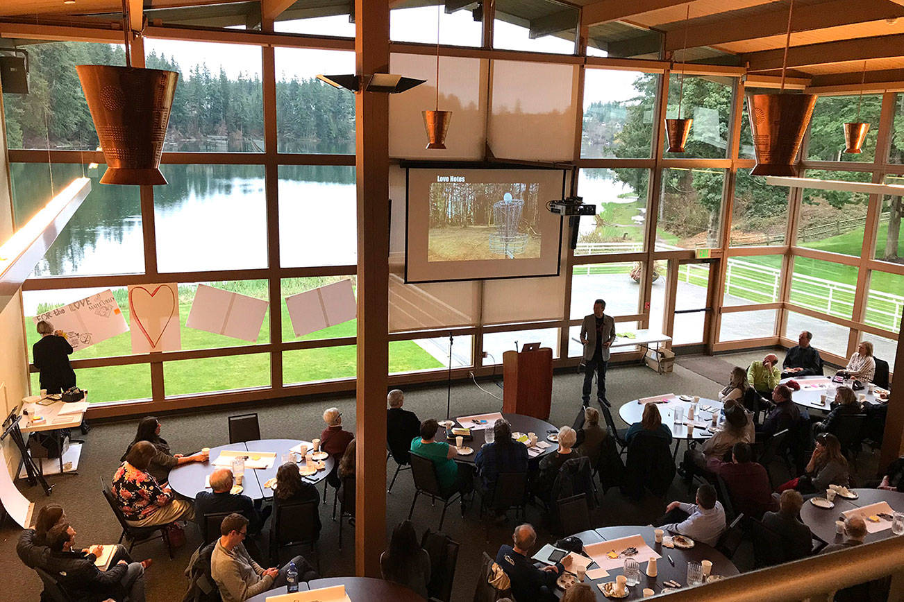 An overall view of Peter Kageyama at Lake Wilderness in Maple Valley speaking to residents and city staff about why it is important to love your city. Photo by Kayse Angel