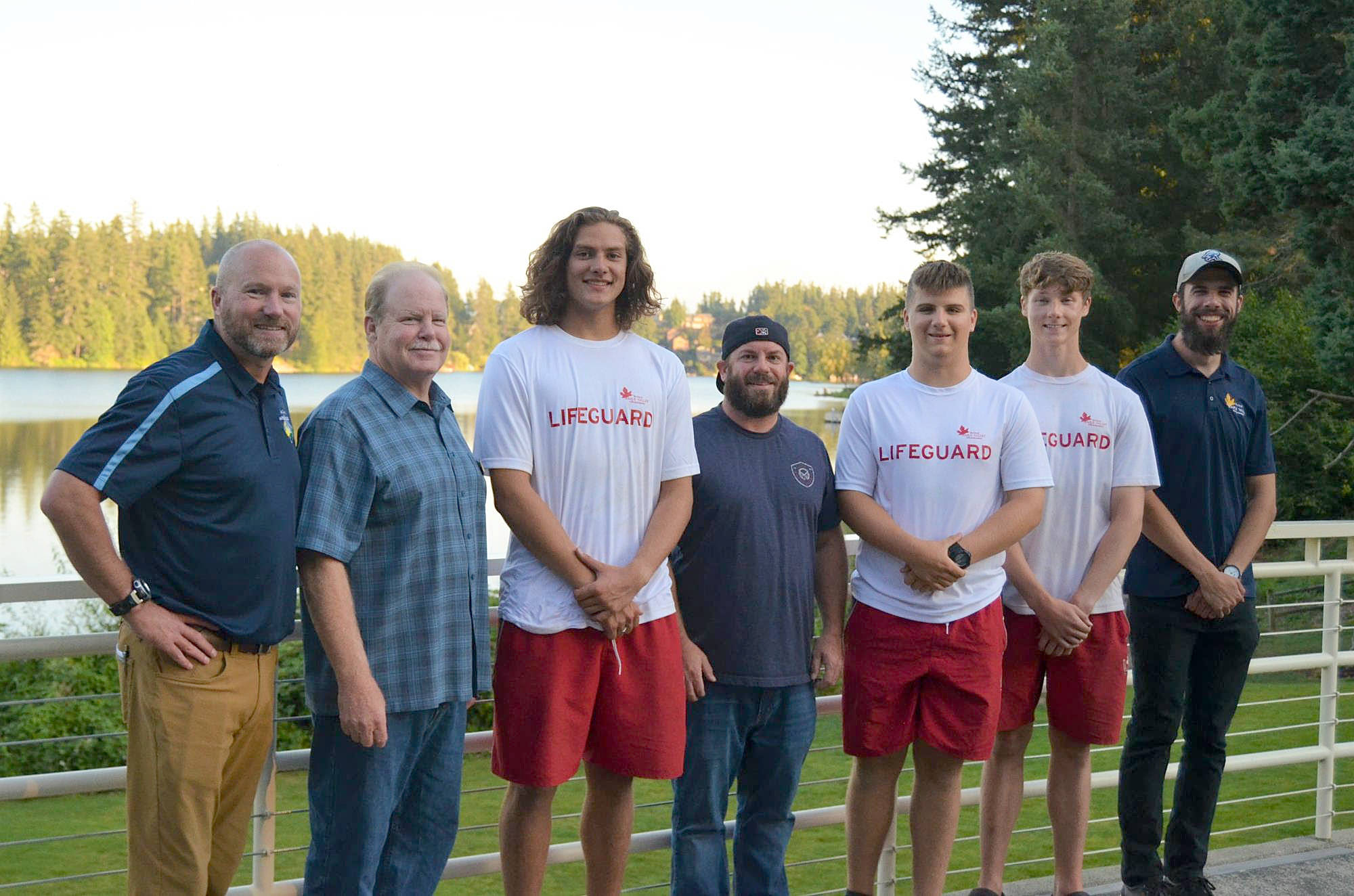 Pictured from left to right: Dave Johnson, Parks director, Mark Ratcliff, Recreation manager, Aaron “Gabe” Marienau, lifeguard, Chris Terril, HO Sports, Devin Deyerin, lifeguard, Lucas Adams, lifeguard,- and Karsten Steinmeyer, beach manager. Not pictured: Sierra Clemens. Courtesy photo
