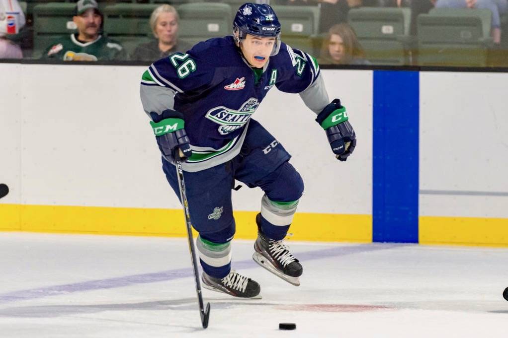 The Thunderbirds’ Nolan Volcan scored a pair of goals in a 3-2 preseason loss to Everett on Saturday night. COURTESY PHOTO, Brian Liesse, T-Birds
