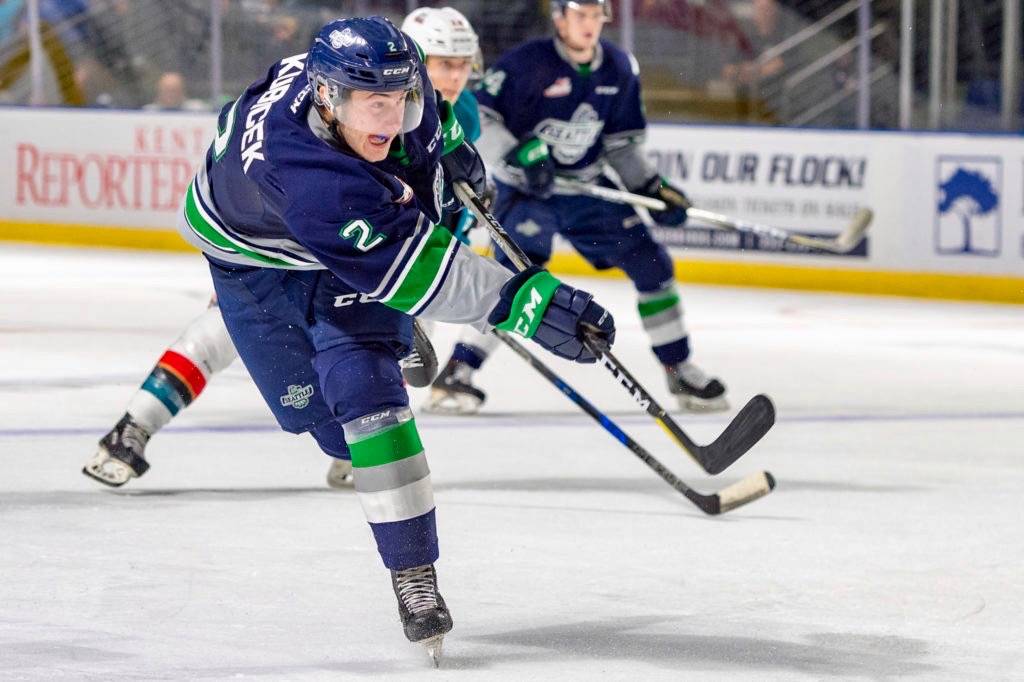 The Thunderbirds’ Simon Kubicek fires a shot during WHL play against Kelowna on Saturday night. COURTESY PHOTO, Brian Liesse, T-Birds