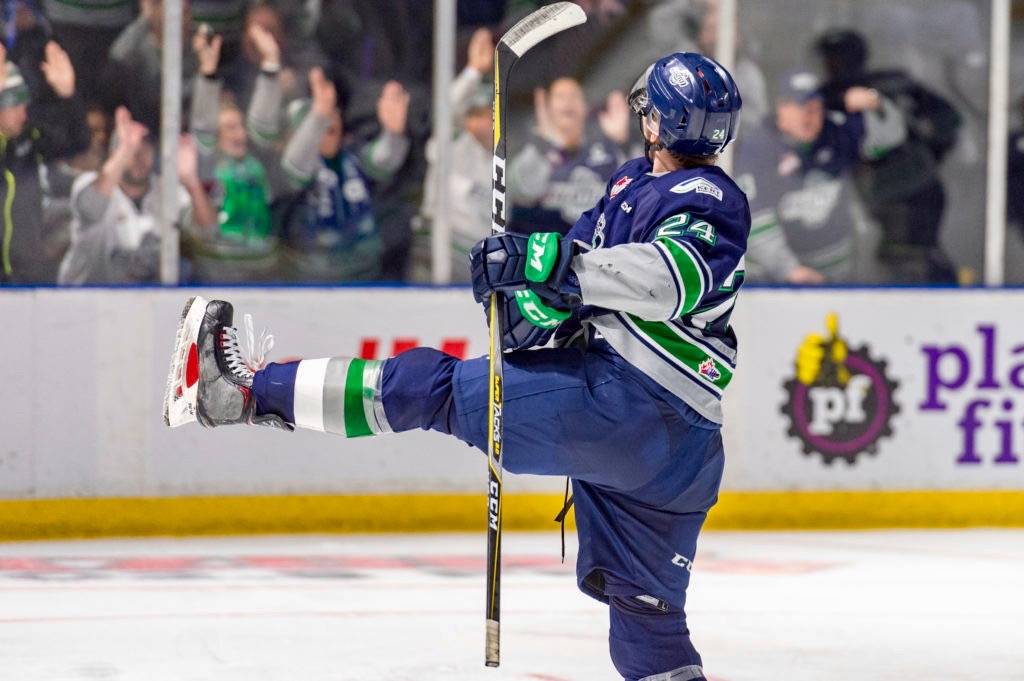 The Thunderbirds’ Jake Lee celebrates his third-period power play goal during WHL play against Kelowna on Saturday night. COURTESY PHOTO, Brian Liesse, T-Birds