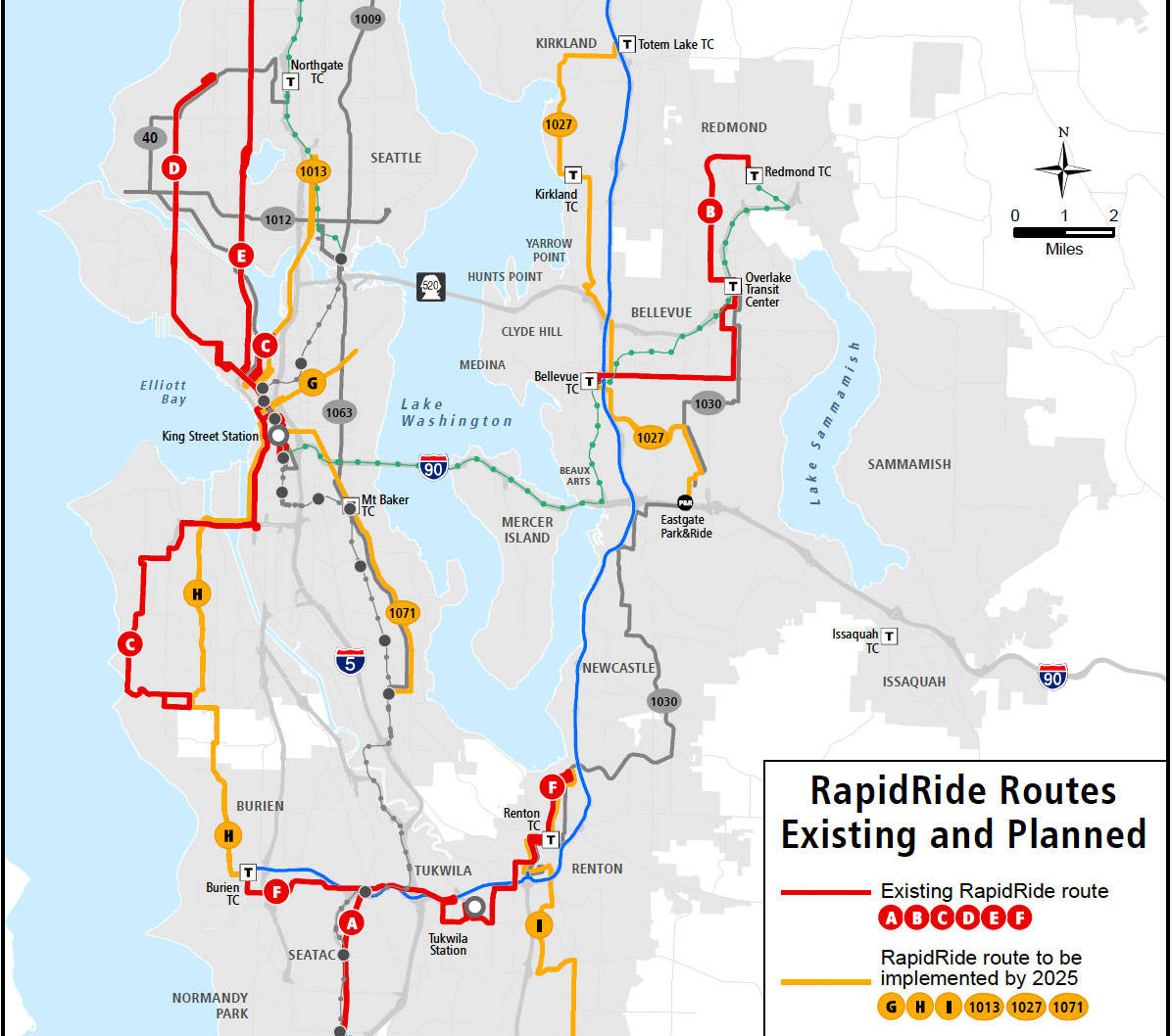 After previously aiming to build 20 RapidRide lines throughout the region by 2040, King County Metro is now only promising seven by 2027. Image courtesy King County