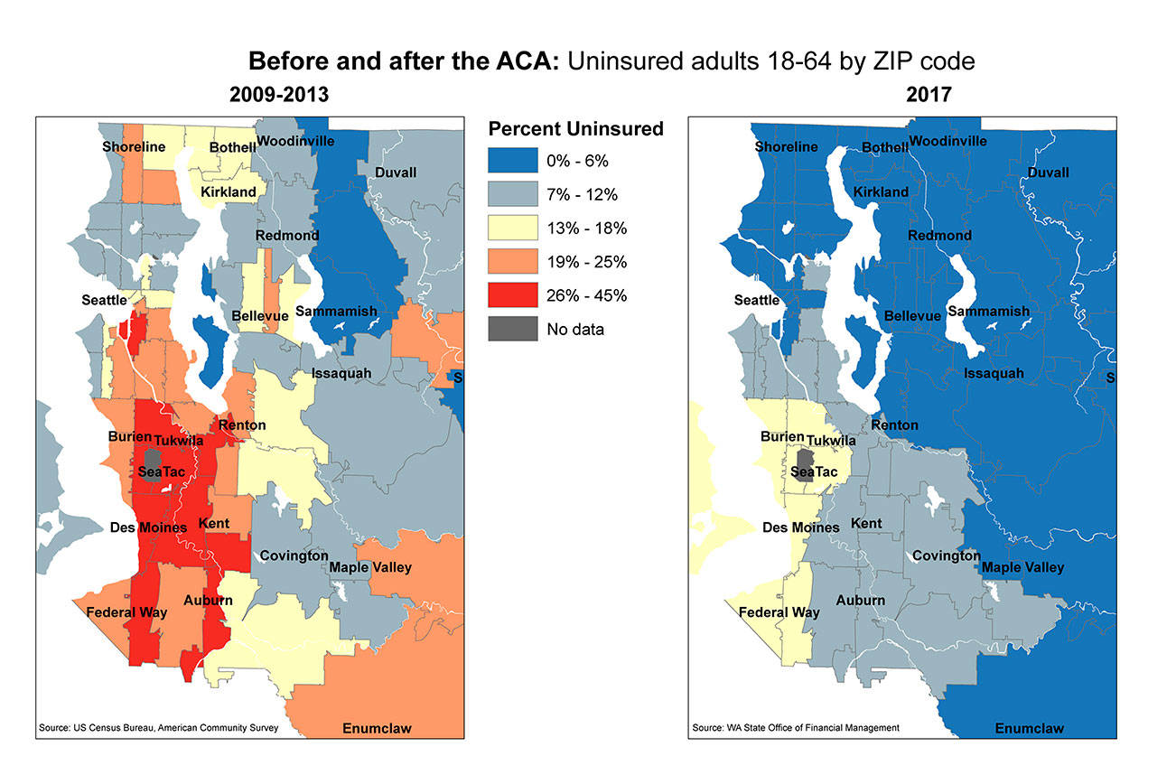 This map shows how many people in King County were insured before the Affordable Care Act (ACA) went into affect and after it did. Photo from King County website.