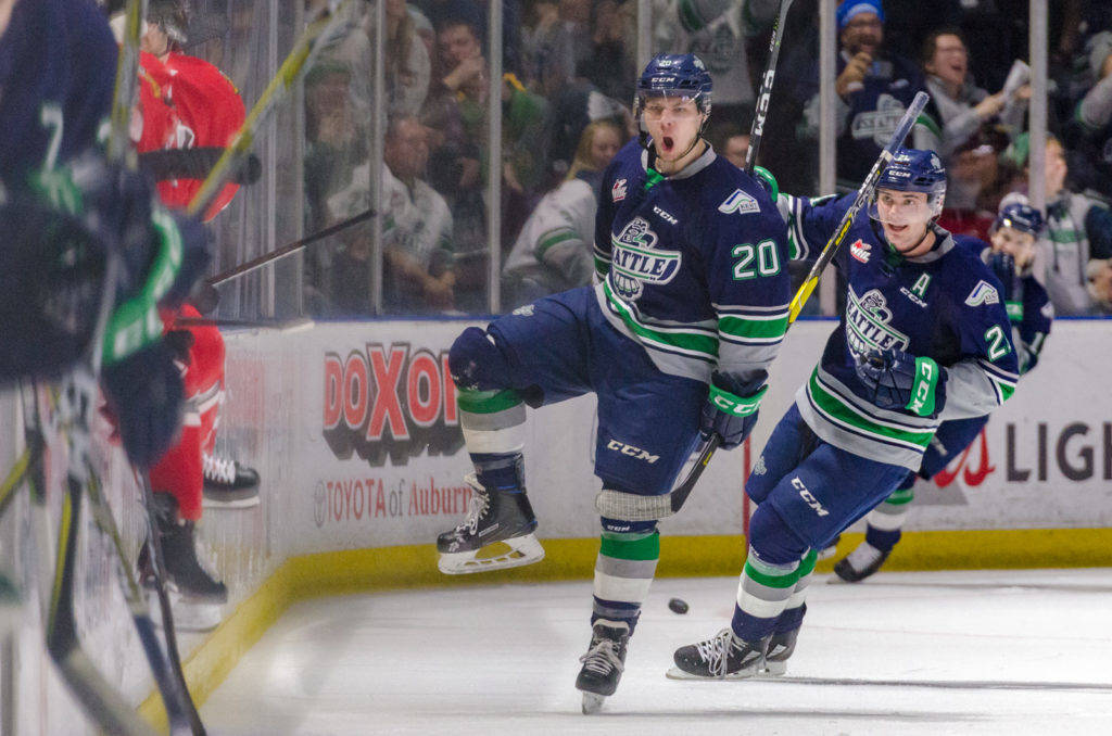 The Thunderbirds’ Zack Andrusiak celebrates after scoring one of his four goals against the Winterhawks on Saturday night. COURTESY PHOTO, Brian Liesse, T-Birds
