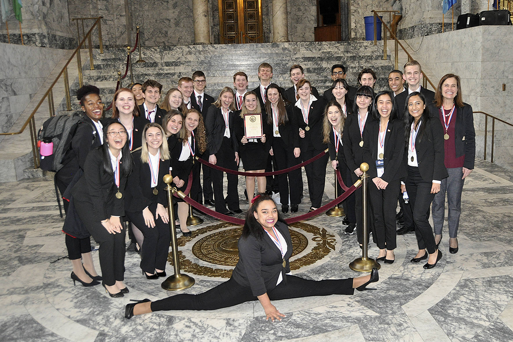 A group shot of the Tahoma High School We The People class after they won the Washington State Civic Championship Jan. 12 at the state capital. Submitted photo