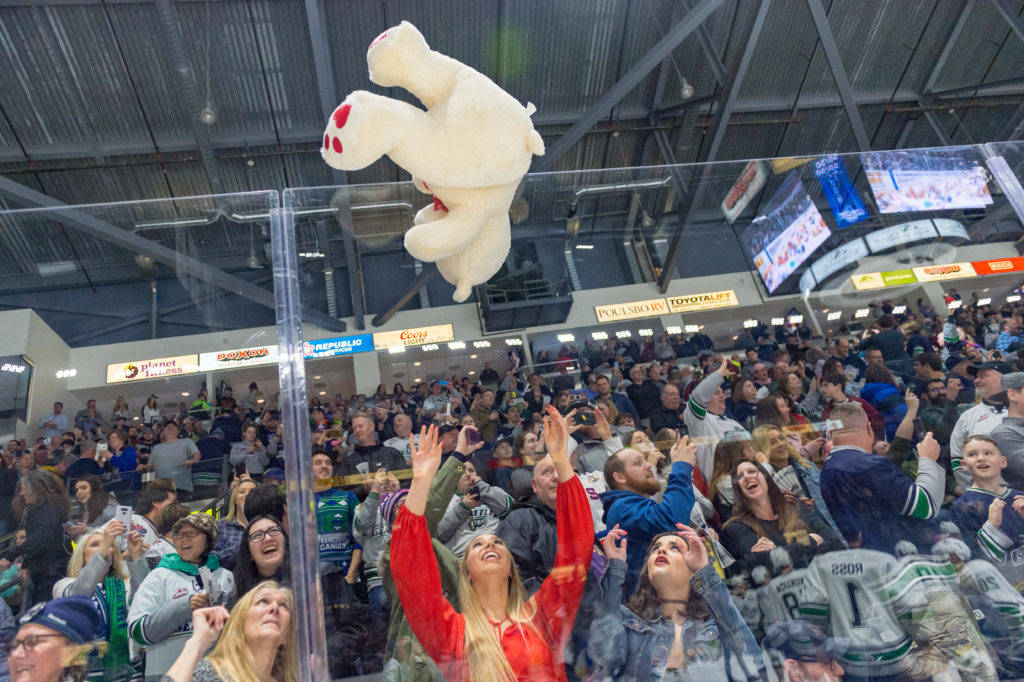 Fans participate in the Fred Meyer Teddy Bear Toss Night presented by WARM 106.9 FM. COURTESY PHOTO, Brian Liesse, T-Birds