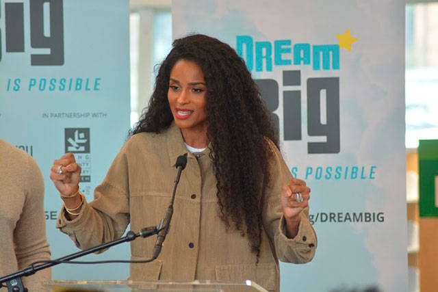 Russell Wilson and Ciara spoke Friday at the Tukwila Library to Foster students and other attendees as their Why Not You Foundation joined forces with the King County Library System and JPMorgan Chase to launch the DREAM BIG: Anything is Possible campaign. Photo by Kayse Angel