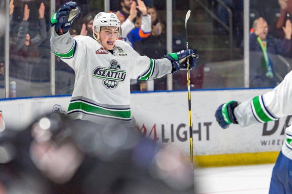 COURTESY PHOTO, Brian Liesse, T-Birds                                The Thunderbirds’ Matthew Wedman celebrates his game-winning overtime goal against Medicine Hat at the accesso ShoWare Center on Saturday night.
