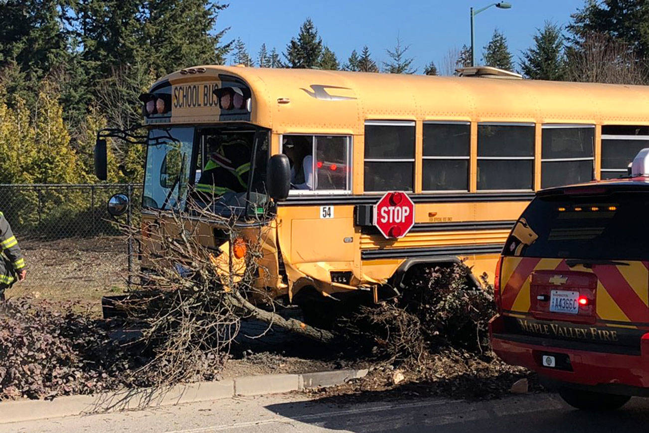 School bus involved collision causes road closures in Covington. Photo courtesy Puget Sound Fire Twitter