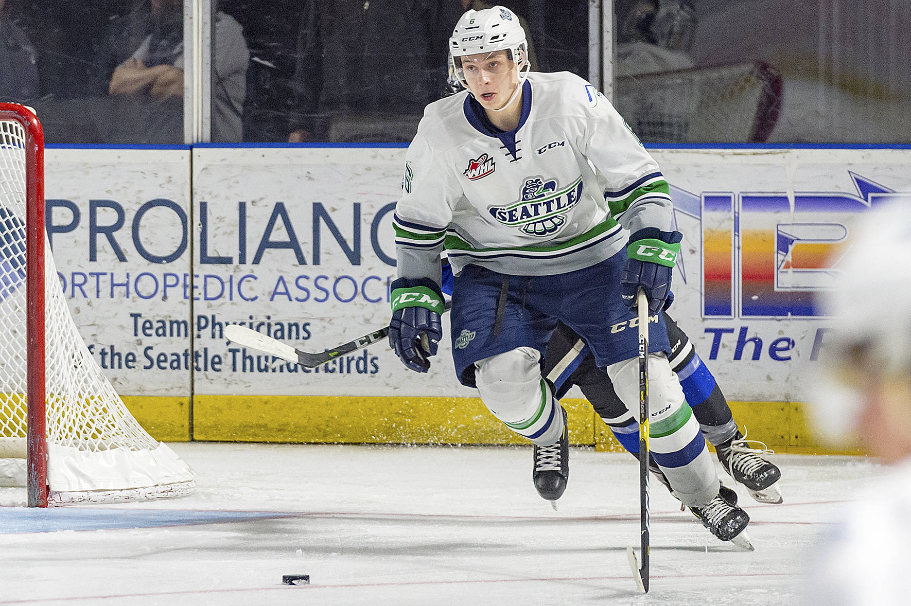 Photo by Brain Liesse,                                 Seattle Thunderbirds                                 Tyrel Bauer attends Kentwood High School and plays defenseman for the T-Birds.