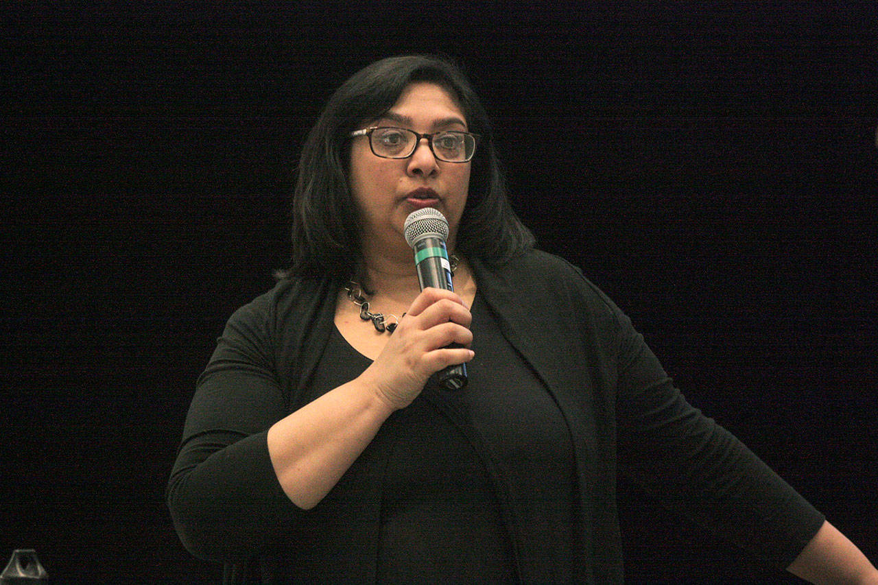 State Sen. Mona Das, D-Kent, fields a question from the audience during a District 47 town hall gathering at Green River College on Saturday. MARK KLAAS, Kent Reporter