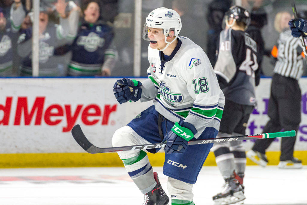 The Thunderbirds’ Andrej Kukuca exults after scoring one of the team’s four goals during a furious third-period comeback Wednesday night. COURTESY PHOTO, Brian Liesse, T-Birds