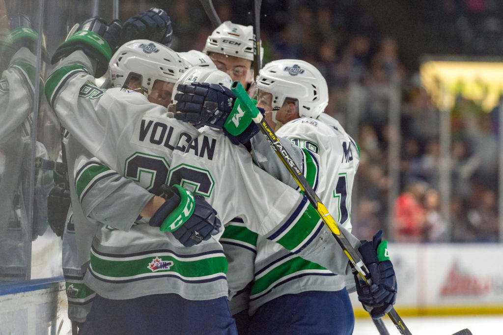 The Thunderbirds celebrate after Matthew Wedman scored the game-winning goal in third period of Game 4 against the Giants on Wednesday night. COURTESY PHOTO, Brian Liesse, T-Birds