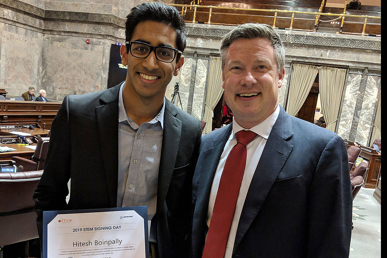 Hitesh Boinpally and Sen. Mark Mullet at STEM Signing Day in Olympia. Submitted photo