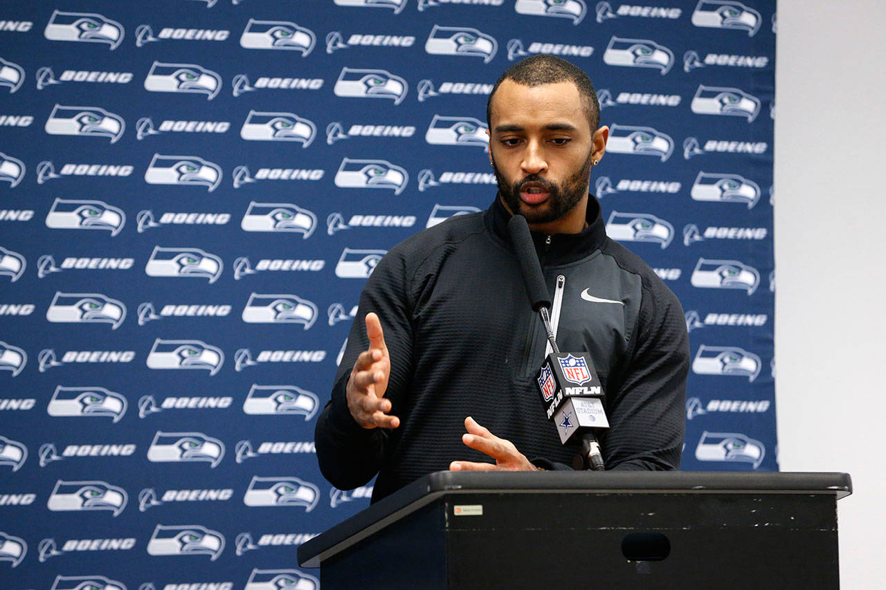 Seahawks wide receiver Doug Baldwin responds to questions during a news conference after an NFC wild-card game against the Cowboys on Jan. 5, 2019, in Arlington. (AP Photo/Michael Ainsworth)