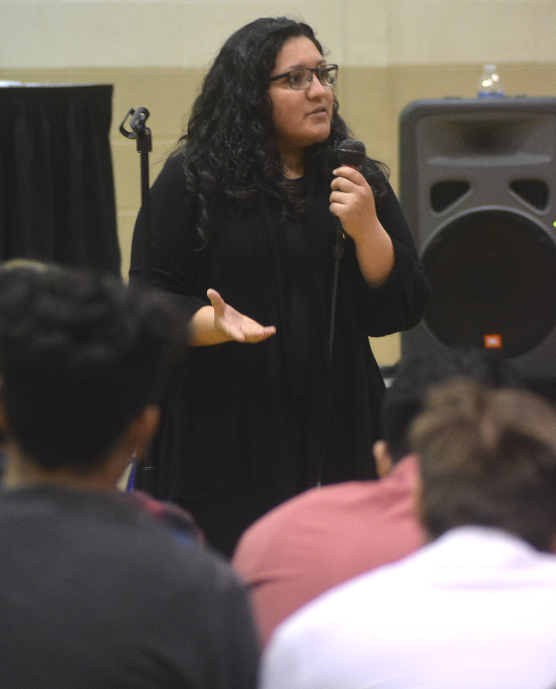 Photo by Kayse Angel                                 Kentwood student Monica Riestro-Carrillo speaks during the 2019 Kentwood Constitution Convention on May 28.