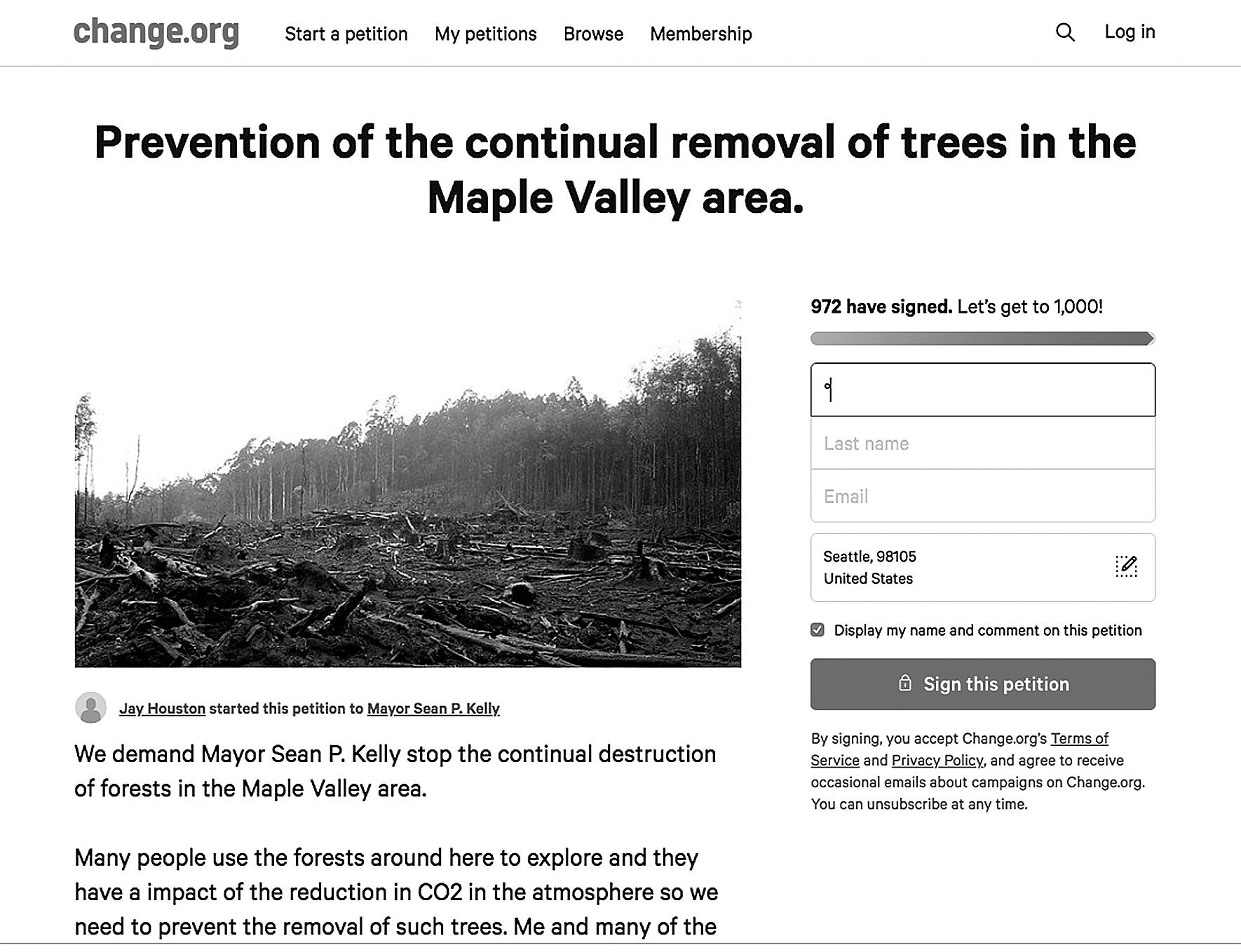 Photo courtesy of Change.org                                 A screenshot of a petition on Change.org calling for the City of Maple Valley to “stop deforestation.” The petition has gotten nearly 1,000 signatures, despite the mayor saying there is no deforestation happening in the city at all.