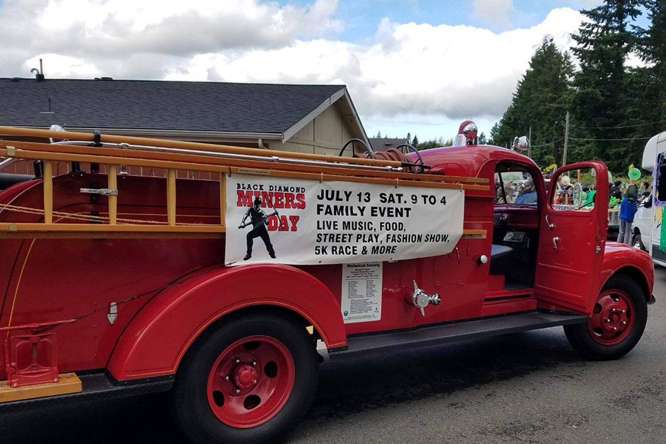 The original Black Diamond Fire Department’s fire truck advertises for 2019 Miners Day. Photo by D’Ann Tedford                                 The original Black Diamond Fire Department’s fire truck advertises for 2019 Miners Day. Photo by D’Ann Tedford                                 The original Black Diamond Fire Department’s fire truck advertises for 2019 Miners Day. Photo by D’Ann Tedford